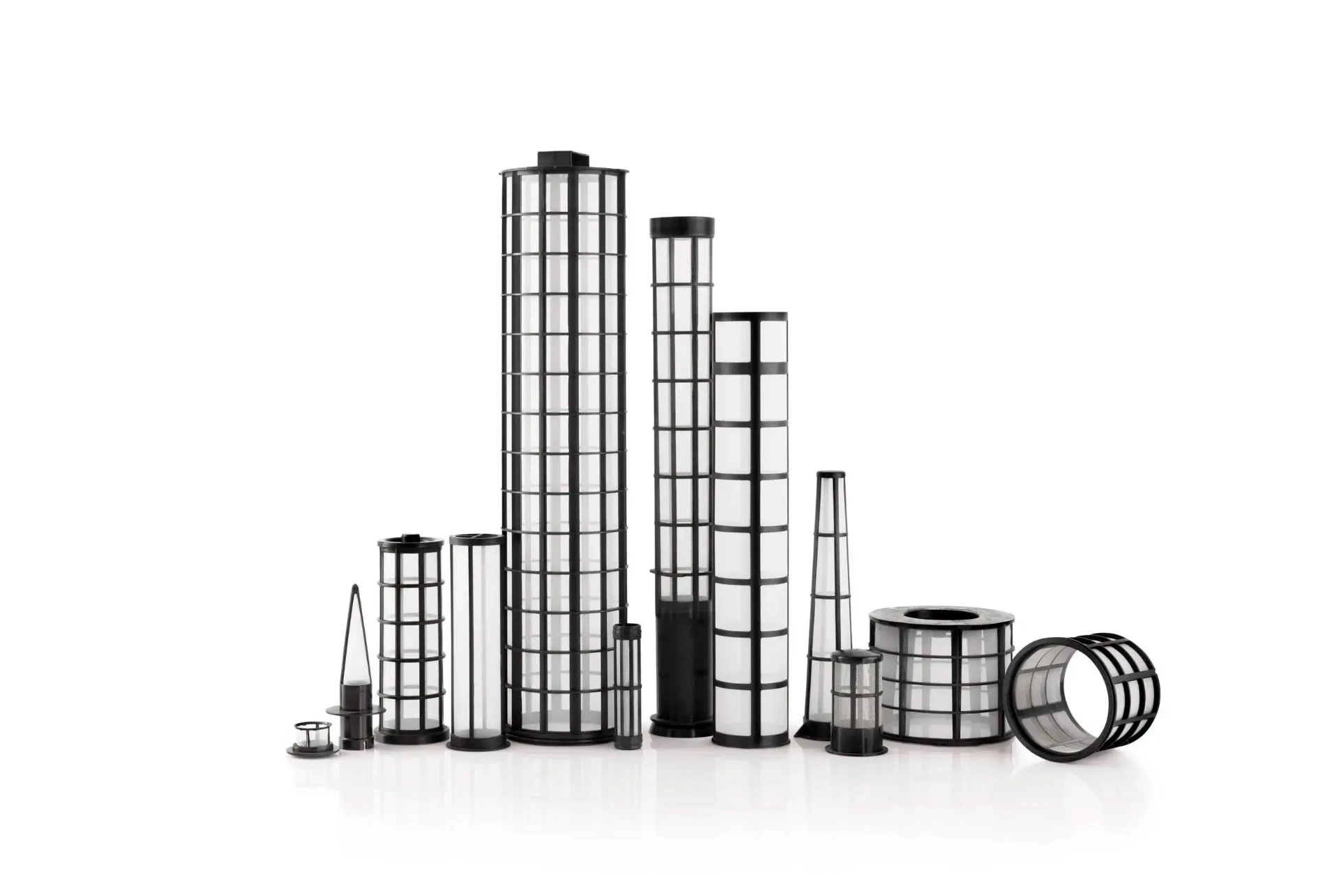 Range of black cylindrical mesh filters